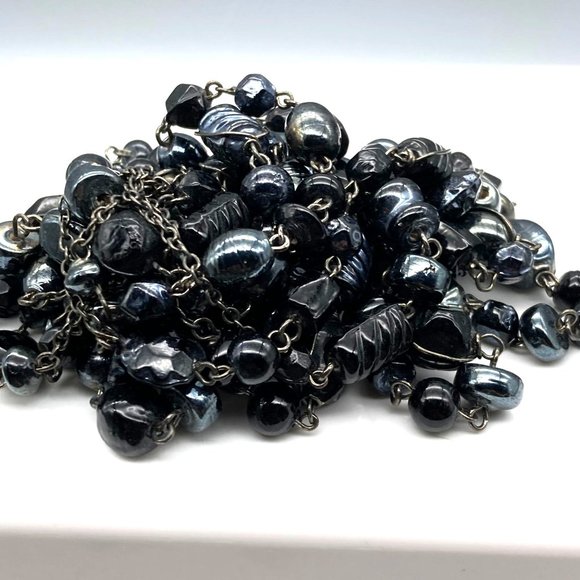 Retro Oil Slick Beads Necklace, Black Molded Glass Vitrail Multi Strand - Picture 3 of 3
